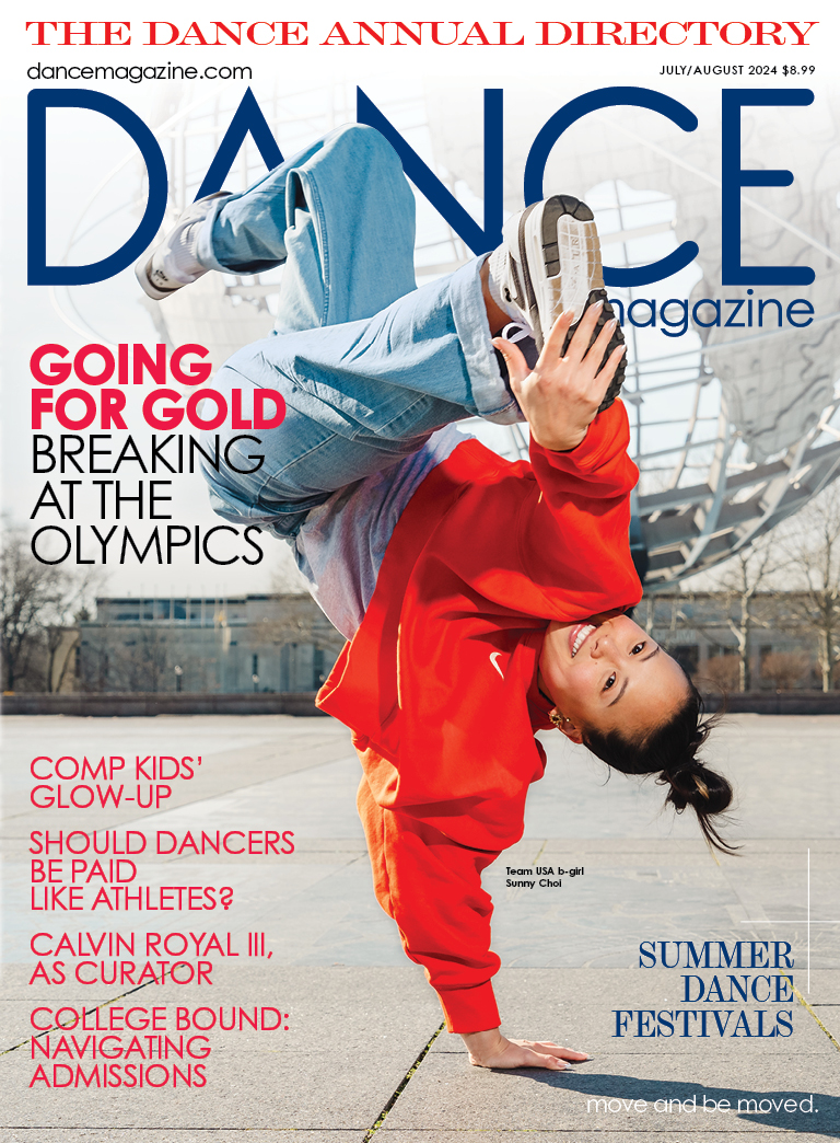 The cover of the July/August 2024 issue of Dance Magazine. B-girl Sunny Choi balances on one hand as she smiles, upside-down, at the camera. One hand-held foot kicks toward the camera. The largest cover line reads "Going for Gold: Breaking at the Olympics." A banner across the top reads "The Dance Annual Directory."