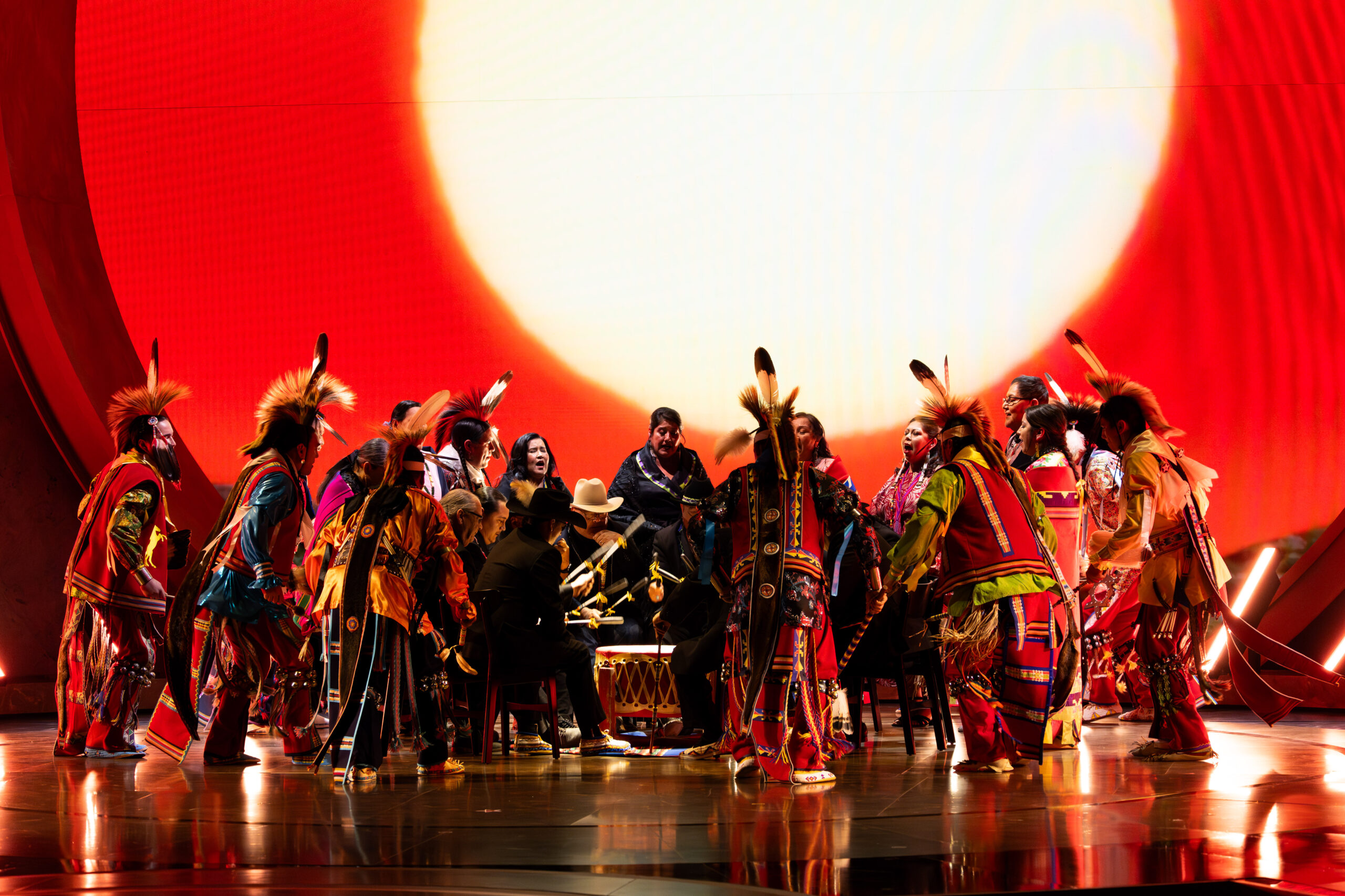 The Osage Tribal Singers and Dancers perform onstage during the Oscars. Photo by Trae Patton, courtesy Academy of Motion Picture Arts and Sciences.