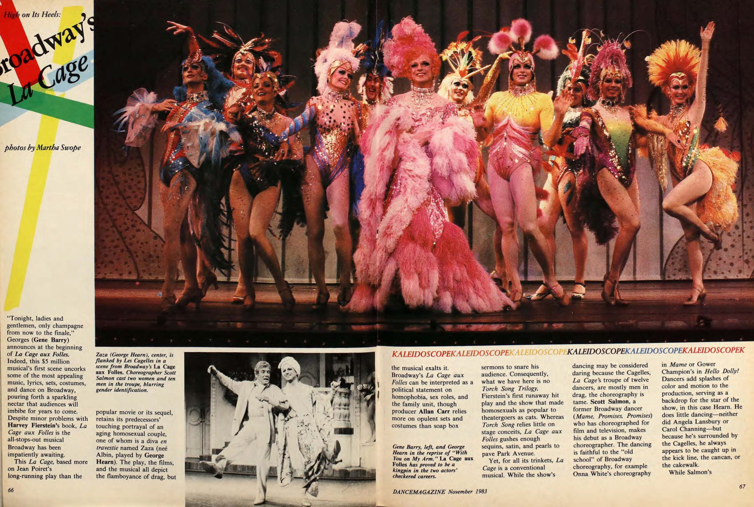 A magazine spread. Across the top is a photo of the Cagelles posing onstage, wearing a riotous rainbow of drag finery. At center bottom is a black and white image of the show's stars, Gene Barry and George Hearn, mid-kick. The story title, at the upper left of the spread, reads "High on Its Heels: Broadway's 'La Cage'."