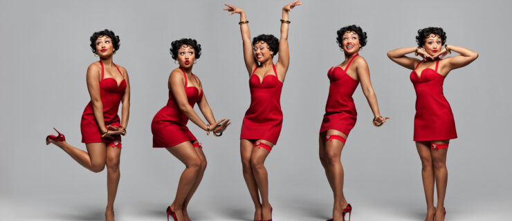 A composite photo showing five images of Rogers—costumed as Betty Boop in a short red dress, garter and heels—striking a series of flirtatious poses.