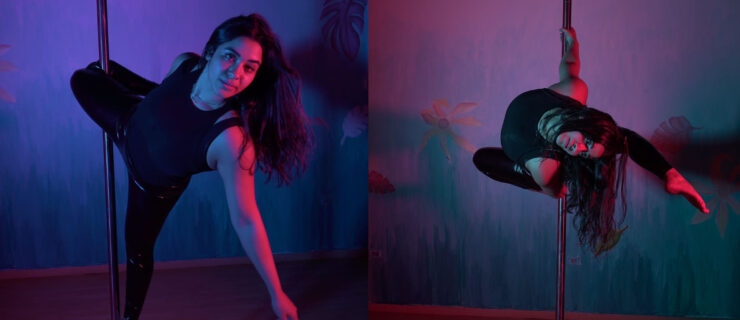 Two collaged images of Sharoubim, a woman with long dark hair wearing a black unitard. In each photo her body is draped around a pole and bathed in blue and red sidelights.