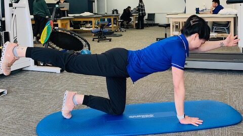 a female physical therapist demonstrating by lifting one arm off the floor and the opposite leg while on all fours on a mat