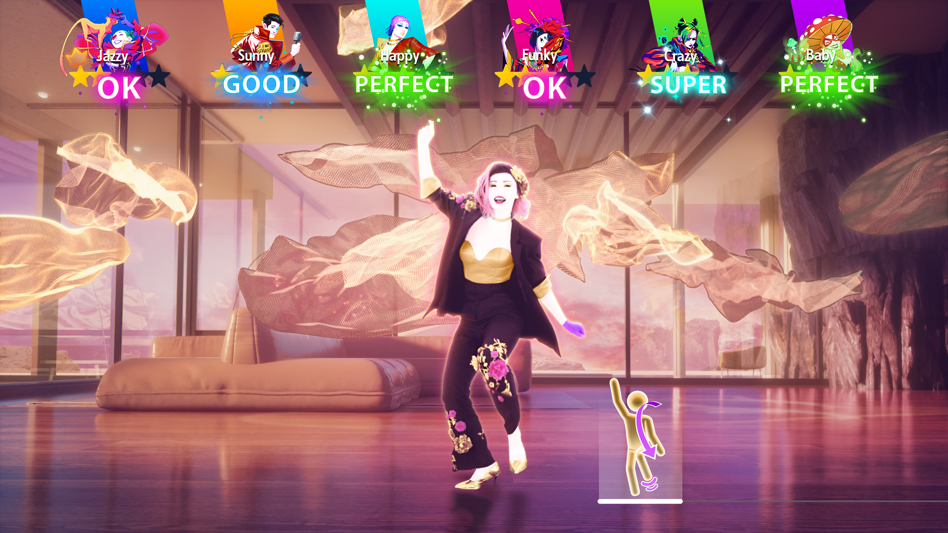 A still from the video game Just Dance 2024. An animated dancer performs steps that are reflected in a stick figure pictogram on the bottom right of the screen. Scrolling across the top are characters giving feedback with brightly colored words: OK, GOOD, or PERFECT.